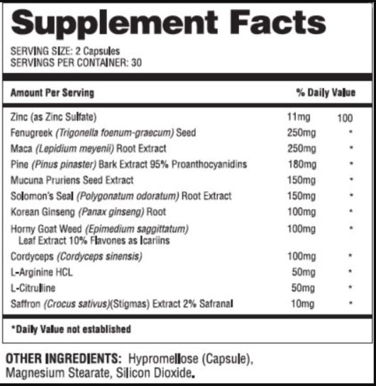 Niagara XL Supplement facts